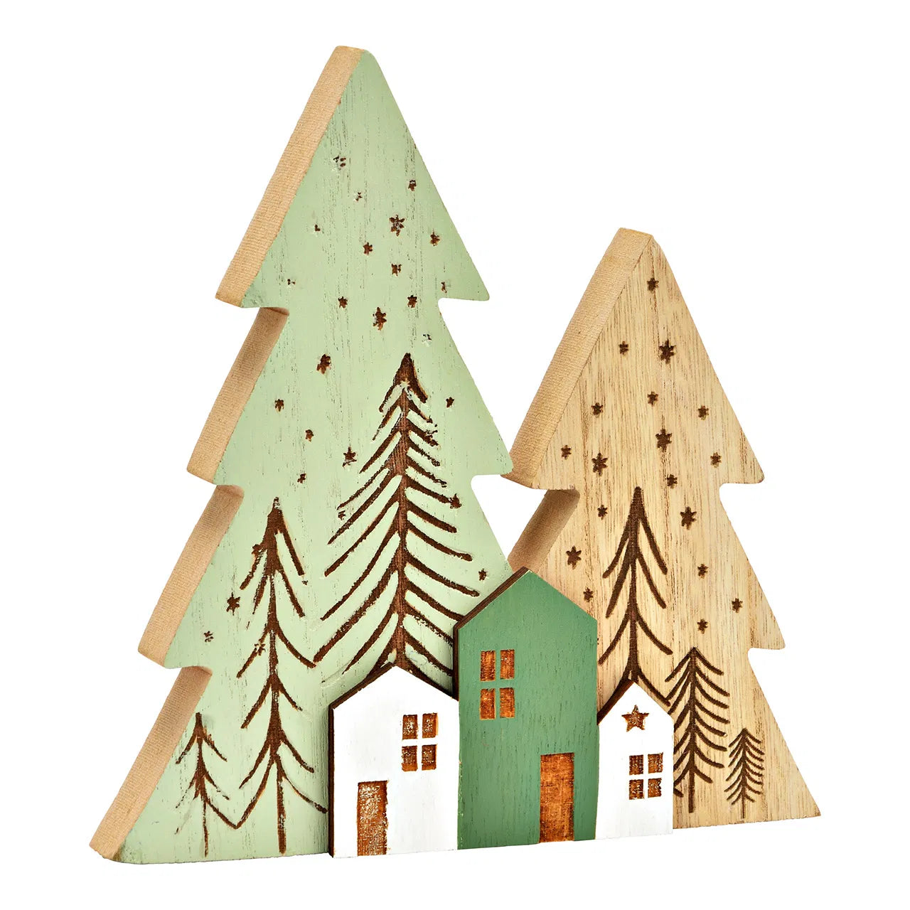 Tannenwald mit Häusern aus Holz