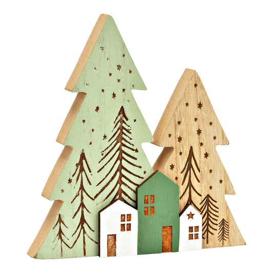 Tannenwald mit Häusern aus Holz